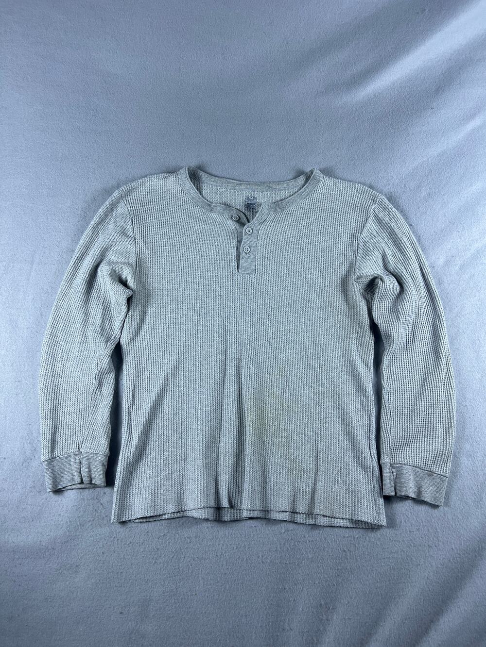 Fruit of the Loom Henley Shirt Mens L Gray Long Sleeve Waffle Knit Thermal Top
